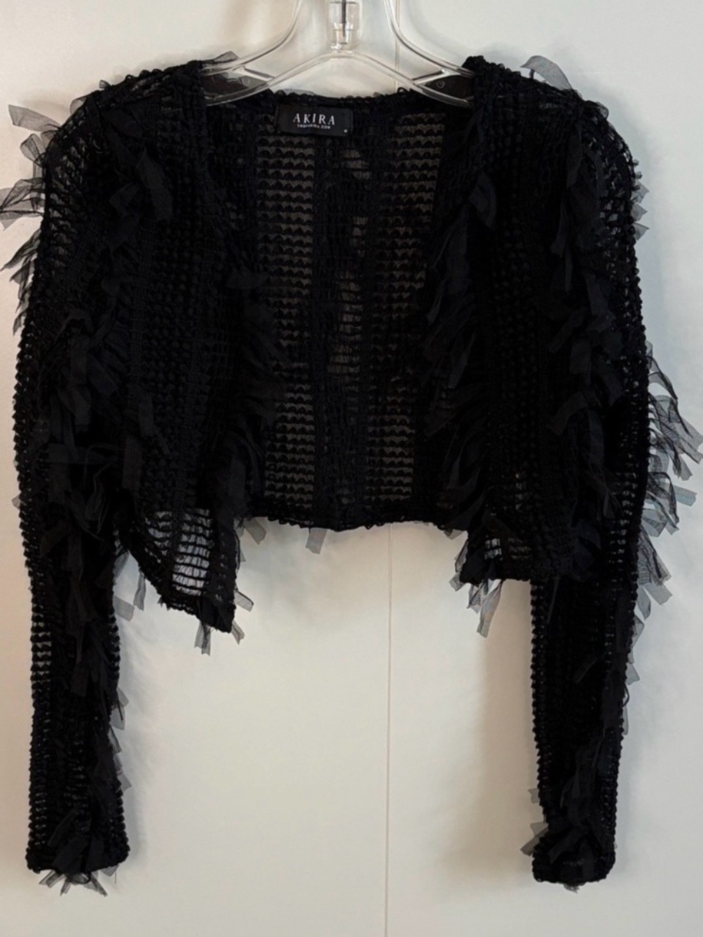 AKIRA Black Cropped Textured Shrug with Ruffle Detail